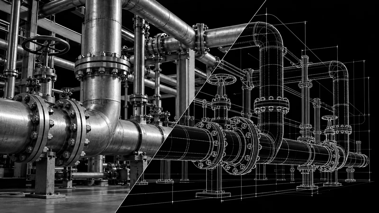 Plant room pipework, half photographed and half continued as a line drawing across a diagonal cut