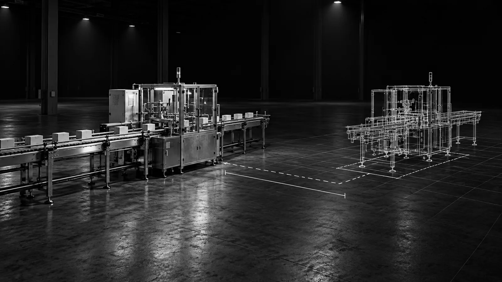 A packaging machine in place and its proposed new position drawn as a CAD outline along the floor