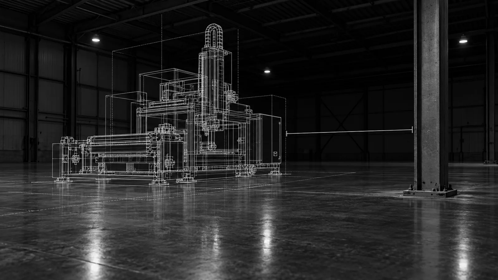 An empty factory bay with a future machine drawn in white CAD lines where it would stand
