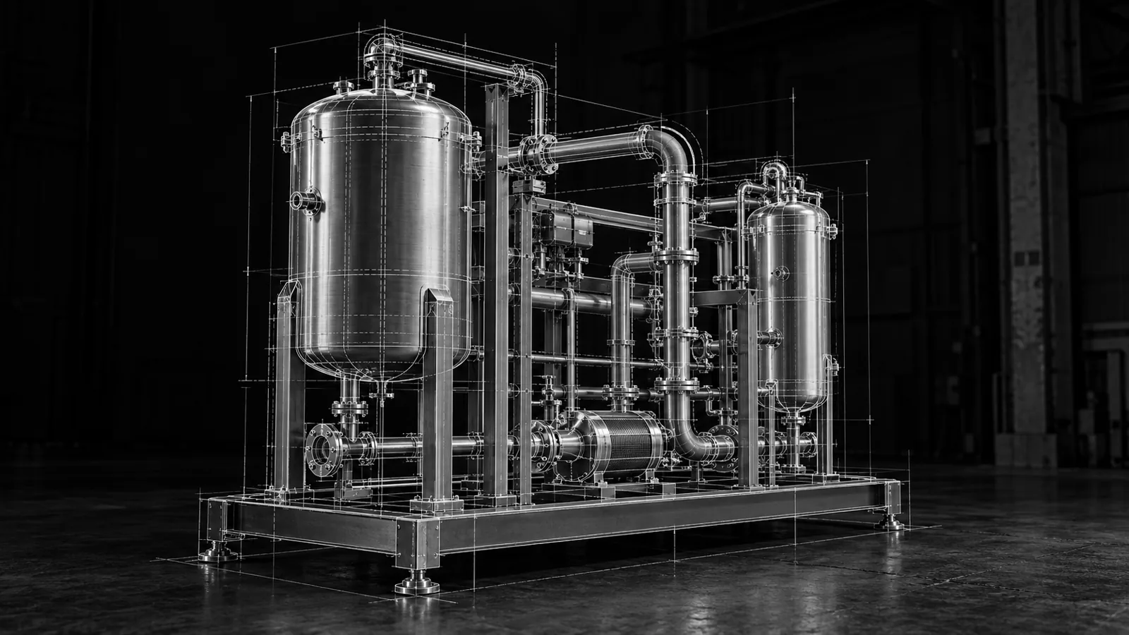 A stainless process skid with its CAD wireframe laid over it